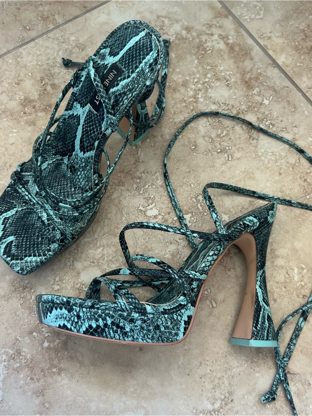 Nine West Teal Snake-Print Lace-Up High Heel Sandals